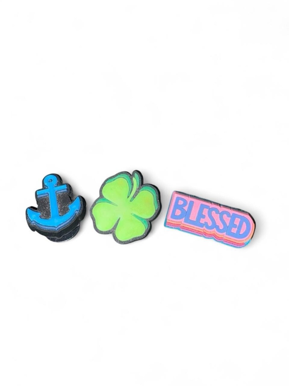 CROCS Kids Anchor, Clover & "BLESSED" Shoe Charms in Blue, Green & Pink